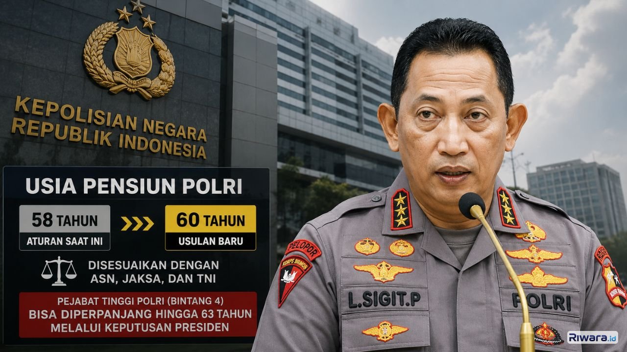Kapolri Jenderal Listyo Sigit Prabowo menyampaikan keterangan terkait wacana kenaikan usia pensiun anggota Polri di Jakarta Senin 2552026 Pemerintah mengusulkan usia pensiun polisi naik dari 58 menjadi 60 tahun melalui revisi UU Polri